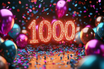 Bright Celebration 1000 Sign with Colorful Balloons and Confetti