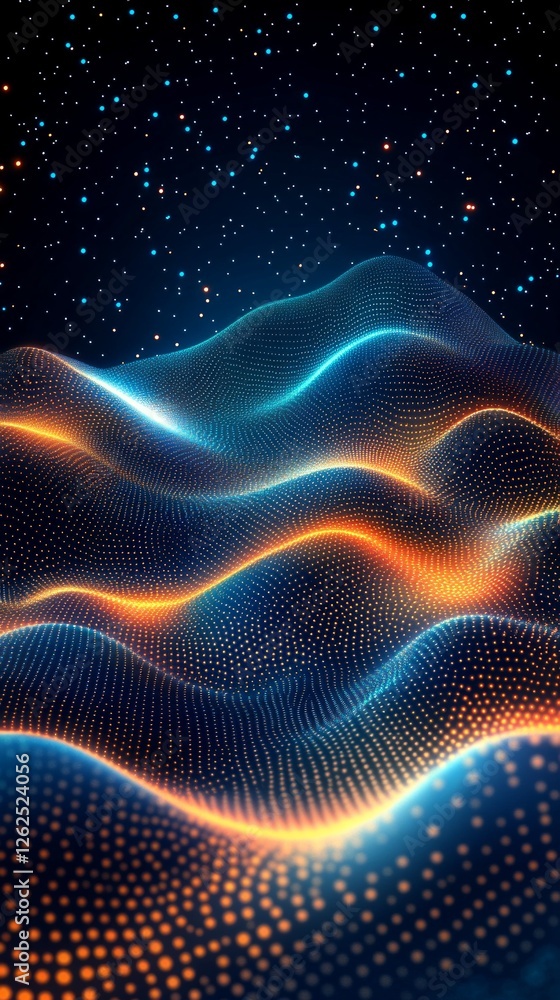 Poster colorful waves of glowing particles create a mesmerizing abstract landscape against a dark cosmic ba