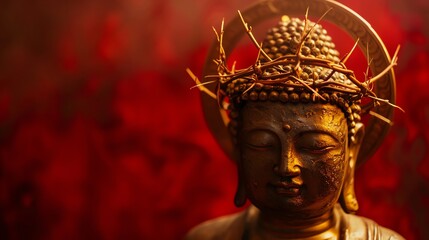 Obraz premium A golden Buddha statue with a crown of thorns against a red background.