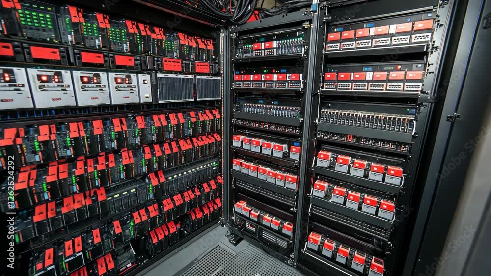 Poster modern server room filled with advanced technology equipment for data storage and processing