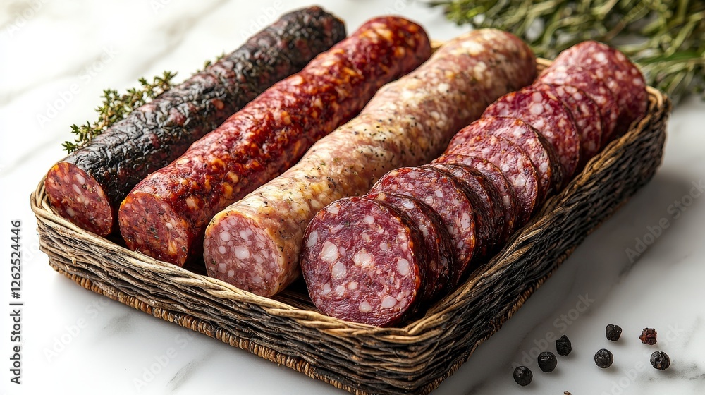 Aufkleber a diverse selection of sausages with rich textures arranged systematically in a basket, offering a p