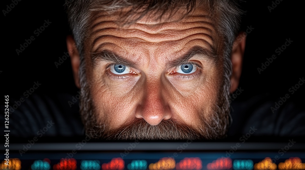 Poster man focuses intently on a computer screen displaying vibrant graphs and data visualizations. dimly l