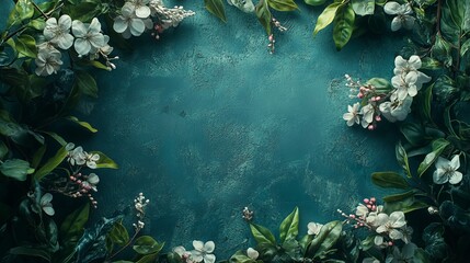 Vibrant Green Background Adorned with Delicate White Flowers and Lush Leaves Creating a Fresh and Inviting Nature Scene Evoking Tranquility and Beauty in a Serene Natural Environment