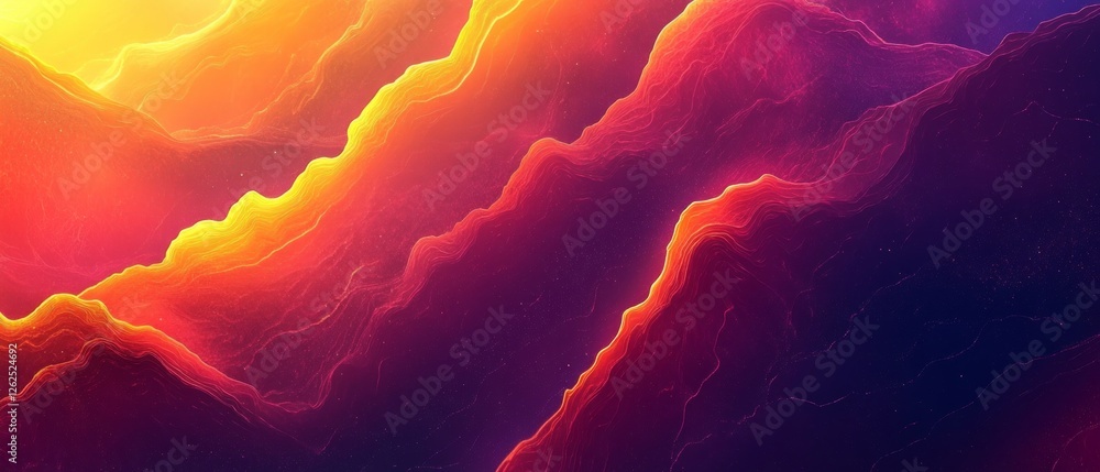 Poster colorful abstraction showcases a dynamic landscape with flowing, layered patterns under a warm sunse