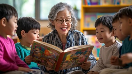 An elderly woman is reading a storybook to a group of children in a cozy library setting