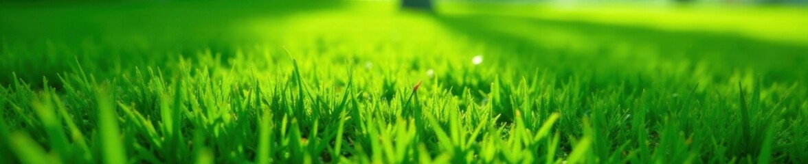 Fototapeta premium Deep green grass carpet, sunlight dappled surface, sunlight, lawn