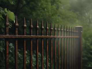 gothic style wrought iron fence with rust and greenery in background