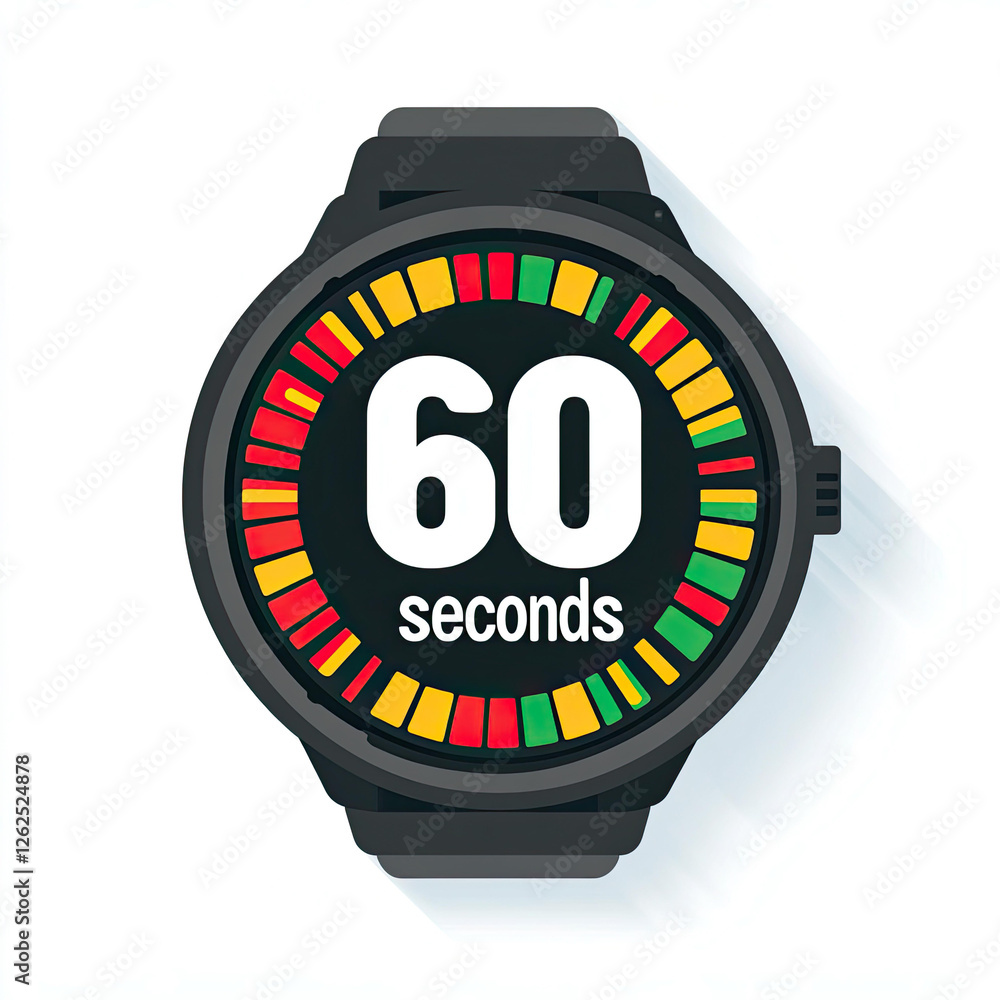 Poster sixty seconds timer on a stylish black smartwatch displaying a colorful circular countdown