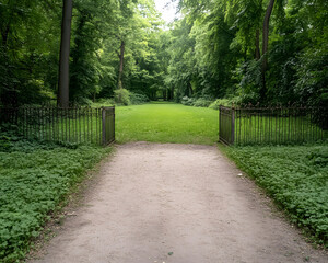 Fototapeta premium serene pathway leading to lush green park with wrought iron gates