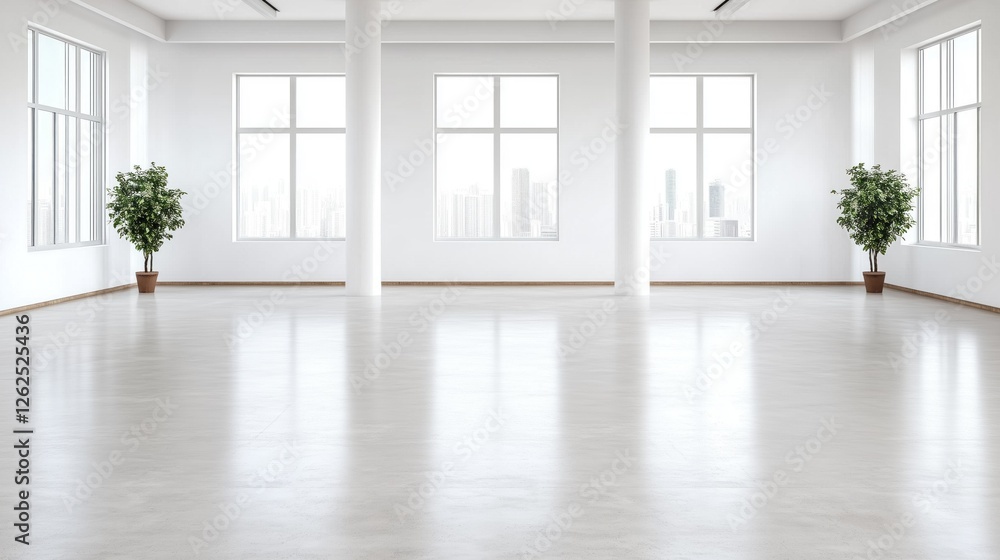 Poster bright, open space features floor-to-ceiling windows allowing natural light to flood in. potted plan