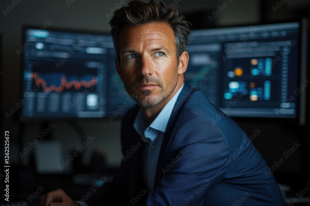 Poster a pensive businessman in a suit sits before multiple computer screens displaying financial data, ana