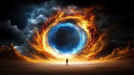 lone figure stands before a swirling portal of blue and fire at twilight
