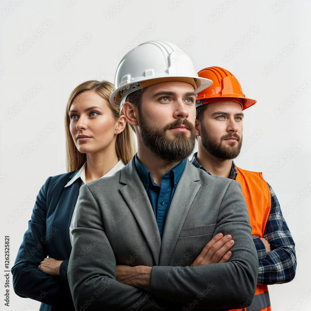 Poster engineer architect and builder standing on white background . generative ai