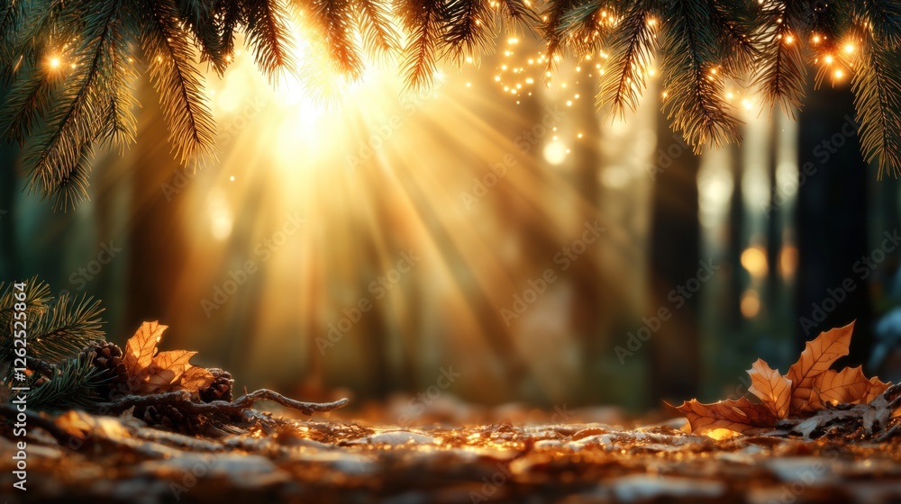 Poster sunlight streams through evergreen branches in a peaceful forest during autumn, illuminating colorfu