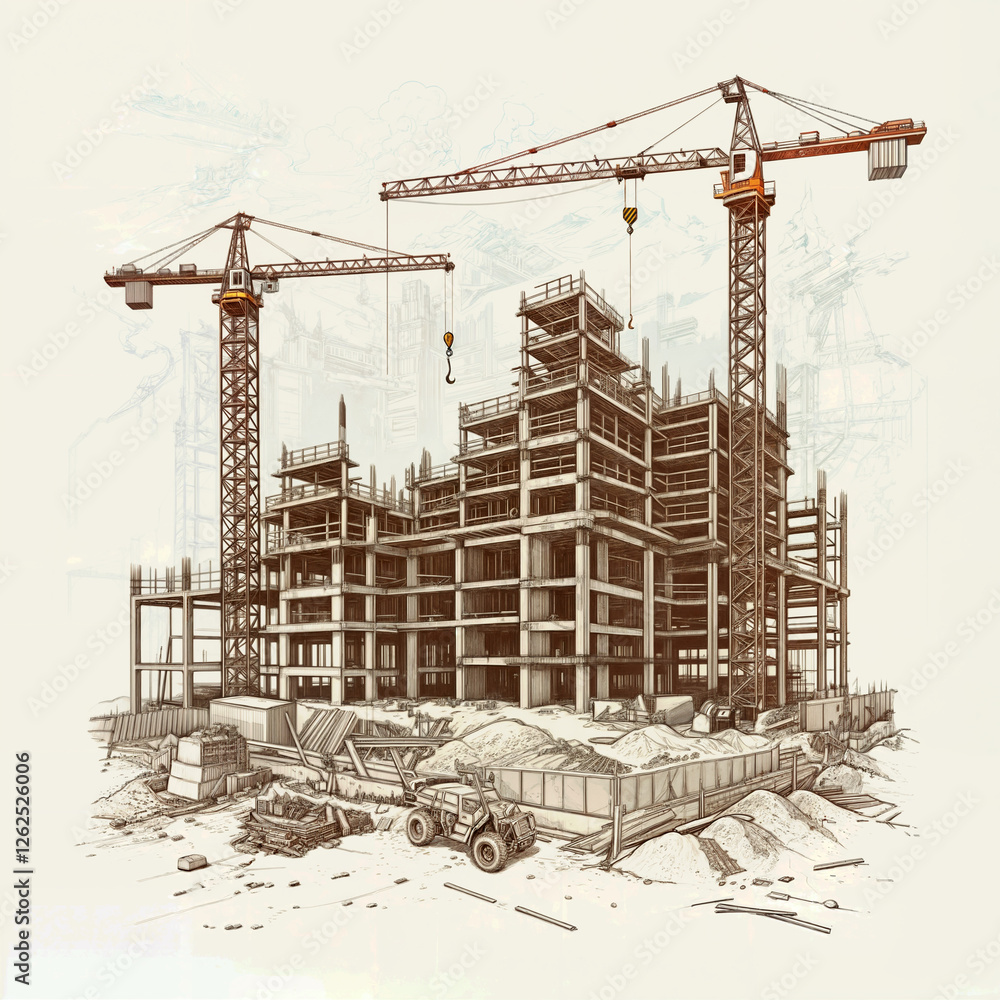 Poster architectural sketch of a modern construction of a building of the future . generative ai