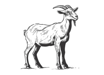 Obraz premium Goat. Vintage retro print, black white goat sketch ink pencil style drawing, engrave old school. Sketch artwork silhouette goat, white background. Side view profile. Illustration