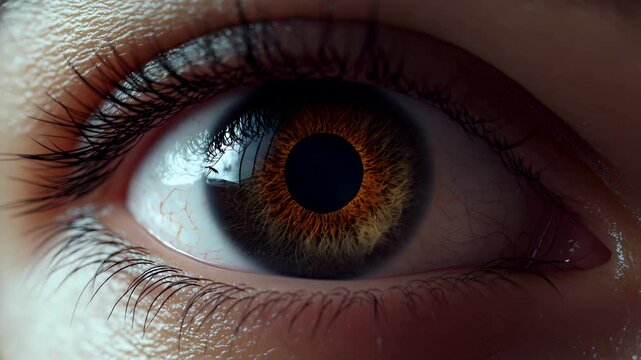 zoom in shot close-up of a beautiful girl's brown eye. Extreme close up footage of an human eye. Macro footage of an eye of an young female. Generative Ai