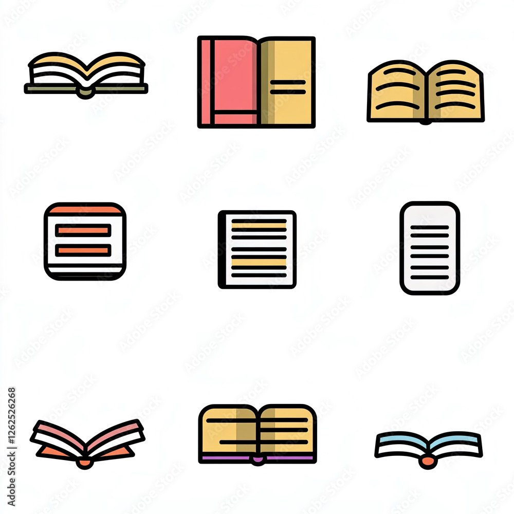 Poster collection of colorful book and document icons various open and closed books and pages