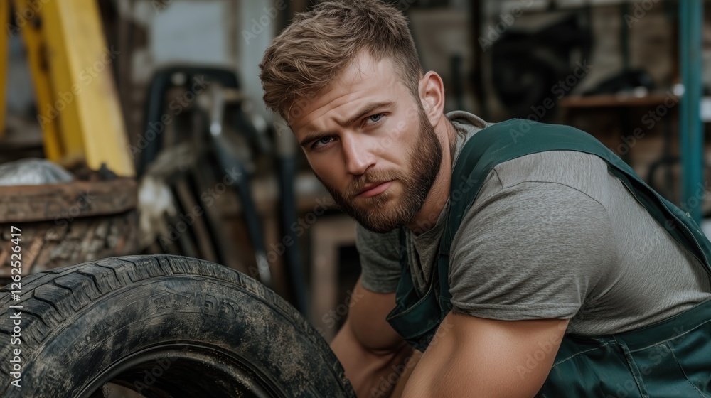 Poster man is focused on repairing a tire at an automotive workshop during the afternoon. tools and equipme