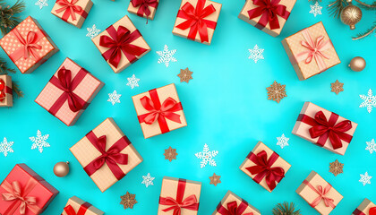 Banner with many gift boxes tied velvet ribbons and paper decorations on turquoise background. Christmas background, simple style. with white shades