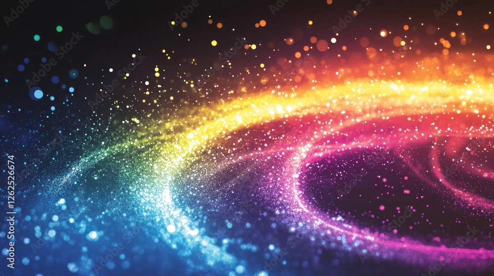 Poster swirling patterns of colorful light and sparkling particles create a vibrant abstract backdrop that 