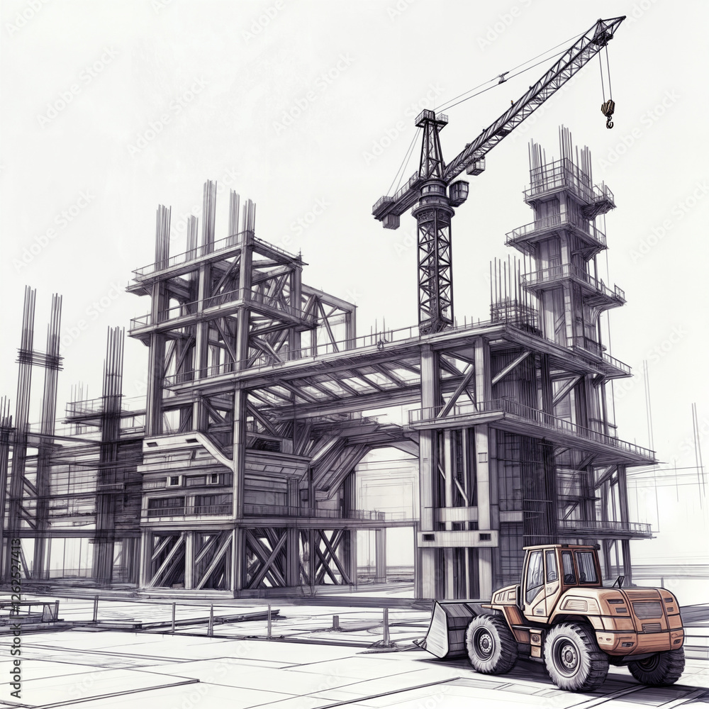 Poster architectural sketch of a modern construction of a building of the future . generative ai