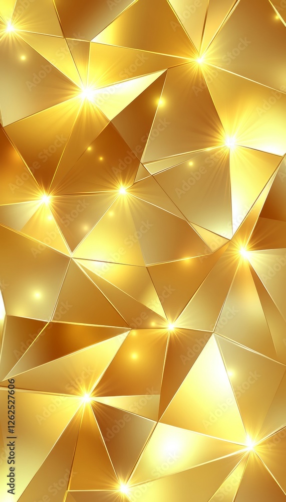 Poster golden geometric background, abstract design with luminous triangles, seamless pattern