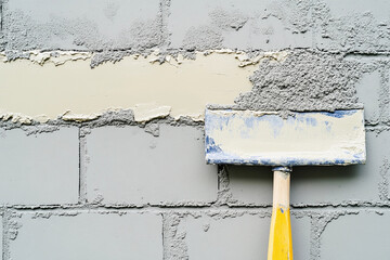 Cement layer application on masonry wall during construction project