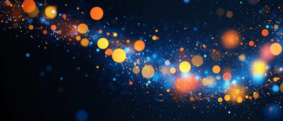 Obraz premium Bright bokeh lights in various colors swirl against a deep blue background, evoking a magical, cosmic atmosphere that enchants the viewer