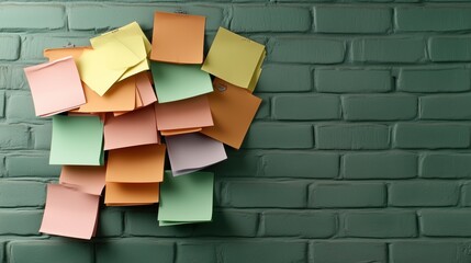 collection of colorful sticky notes in various pastel shades is attached to a green brick wall. notes serve as reminders and messages, creating an organized but artistic display