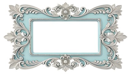 This image showcases a rectangular picture frame with a light blue (or pastel blue) central area and ornate silver or light gray detailing