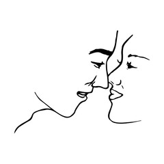 near kiss man and woman profile faces - line art