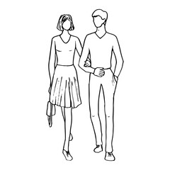 young couple man and woman walking together holding hands - line art