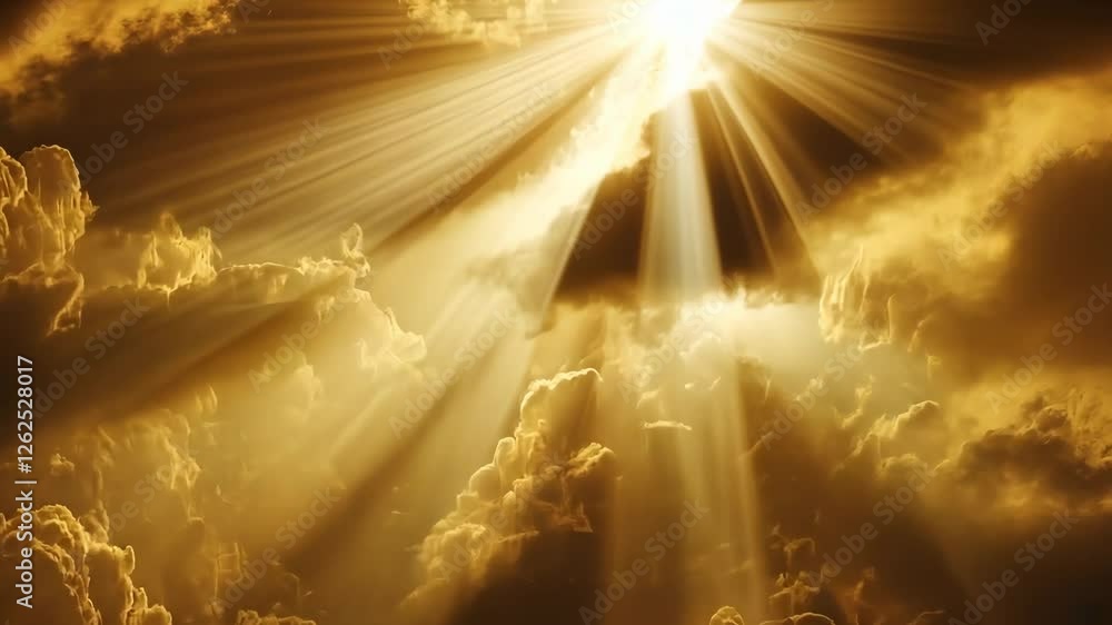 Poster sunlight streaming through clouds creating a golden atmosphere at sunset in a serene sky