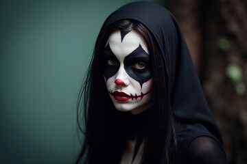 A Mysterious Woman in Dark Hood with Intricate Clown Makeup Surrounded by Nature, Evoking an Enigmatic and Haunting Atmosphere in an Outdoor Setting
