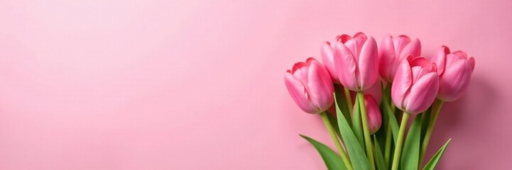 Fototapeta premium Delicate pink tulips bouquet, pastel pink backdrop, tulips, nature