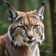Obraz premium Female lynx with focused eyes and tufted ears, captured with a soft forest blur