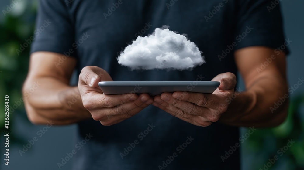 Poster man stands indoors, holding a tablet that shows a cloud graphic. setting includes greenery in the ba