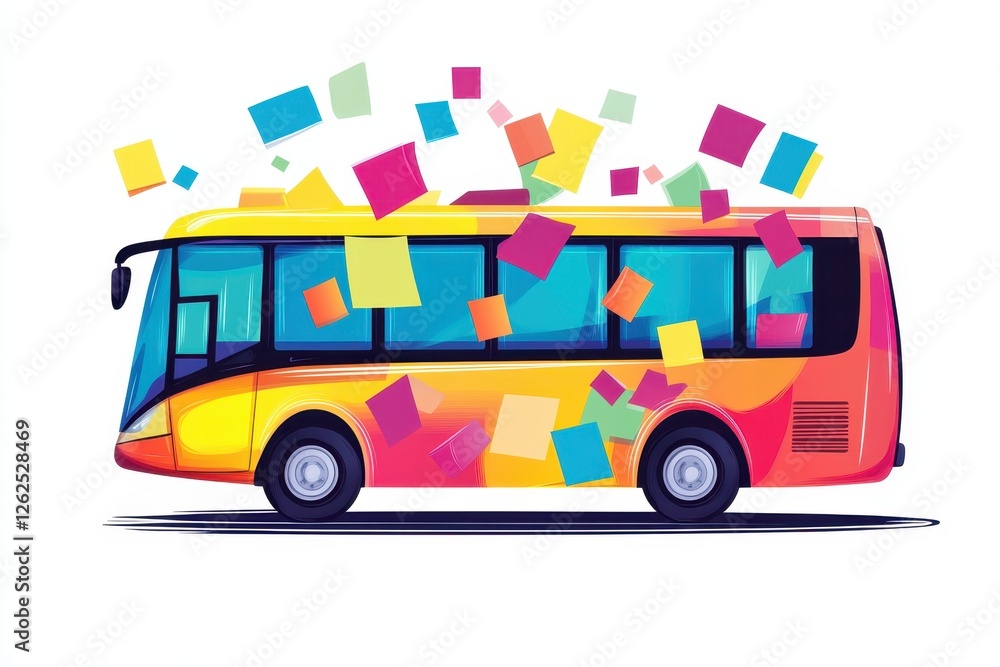 Poster colorful bus with floating bright squares in motion