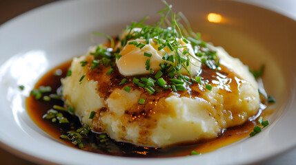 Mashed potatoes topped with melted butter and fresh chives.