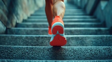 Person in orange sneakers climbing concrete stairs fitness workout healthy lifestyle