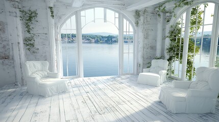 Fototapeta premium White room, lake view, ivy, chairs, sunlight, serene, interior, design, peaceful, relaxation