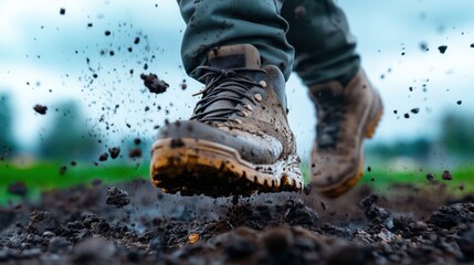 Muddy hiking boots stomp on wet earth, sending dirt flying as an adventurer explores the great outdoors. vibrant green landscape provides a beautiful backdrop for the activity