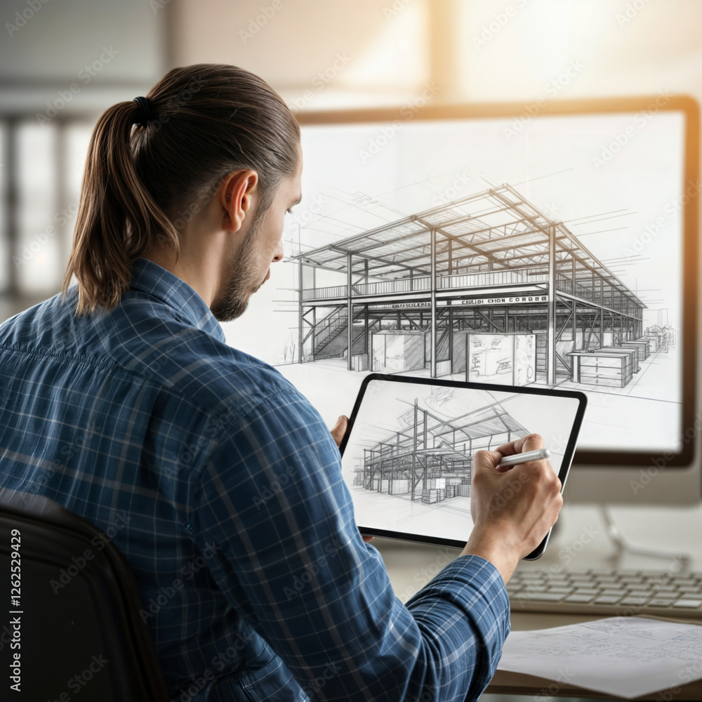 Poster engineer architect designs a building in front of a computer monitor . generative ai