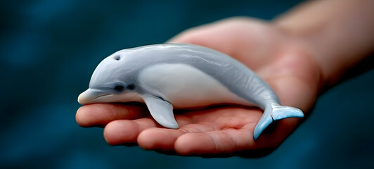 A close-up of an outstretched hand holding a realistic dolphin figurine with a soft blue background, symbolizing marine life conservation, ocean awareness, and World Aquatic Animal Day