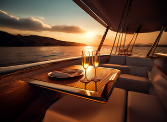 Golden hour on a yacht with champagne glasses and a scenic sunset view over the water. A luxurious and relaxing moment on the sea.