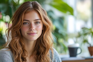 Fototapeta premium Natural Portrait of Young Woman with Long Wavy Hair in Café Setting