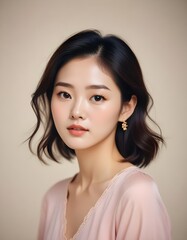 Fototapeta premium Korean girl with smooth, glowing skin and soft features in minimalistic portrait