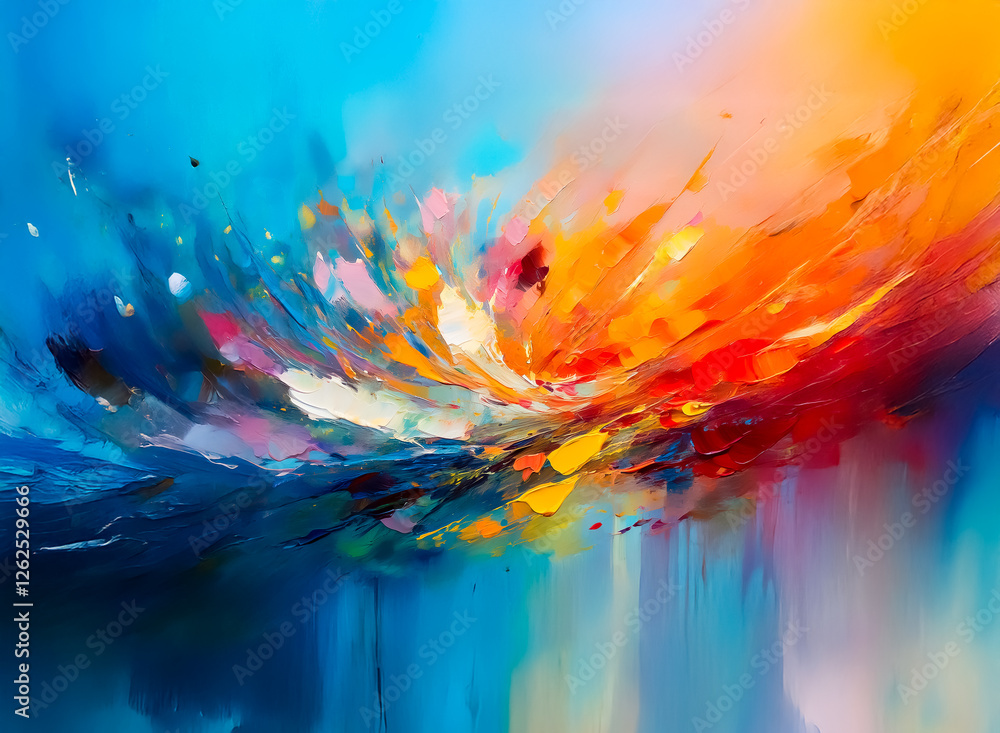 Aufkleber dynamic abstract art with flowing brushstrokes in vibrant blue, orange, and red hues. energetic and 