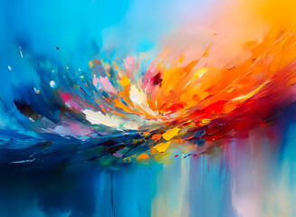 Dynamic abstract art with flowing brushstrokes in vibrant blue, orange, and red hues. Energetic and visually captivating composition.